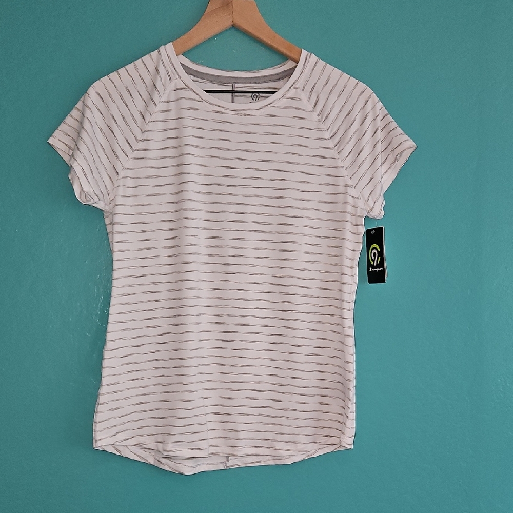Champion Short Sleeve Athletic Tee in White with Gray Stripes